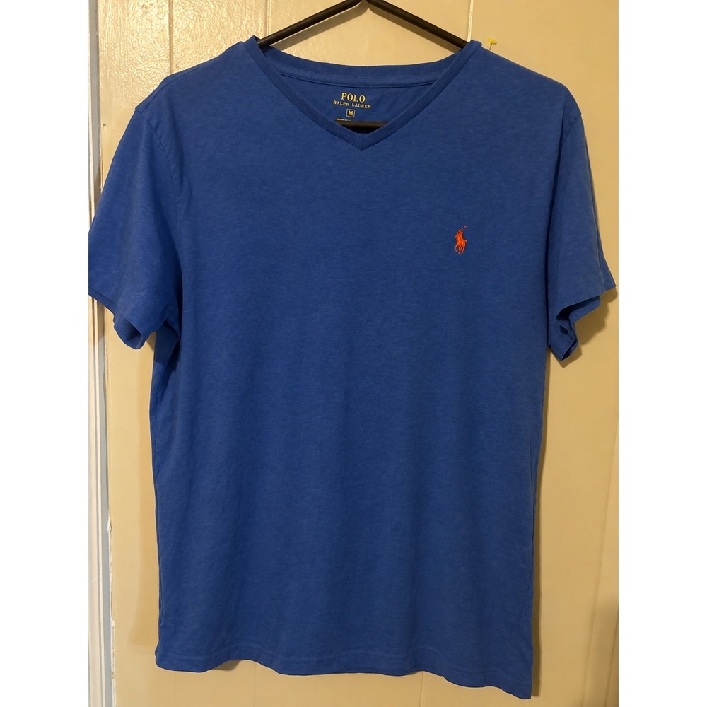 Polo Ralph Lauren Mens V-Neck T-Shirt Blue Orange Pony Logo Size M Short Sleeve